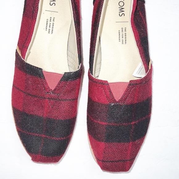 Toms Alpargata Classic Buffalo Check Plaid Red And Black Felt Slip On Flats - Picture 2 of 10